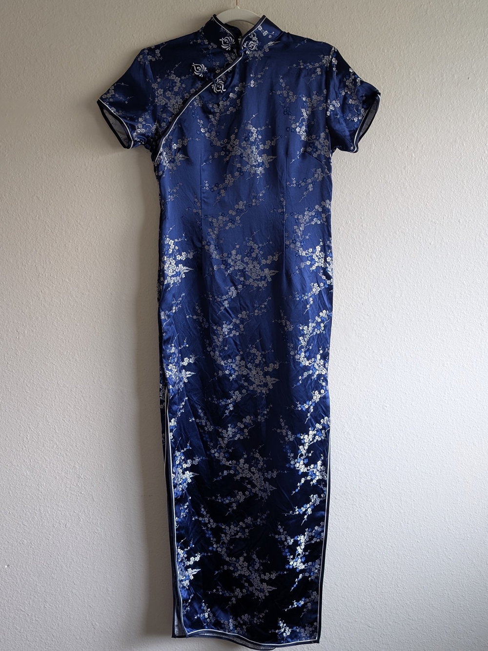 Navy Satin Floral Cheongsam/Qipao Dress